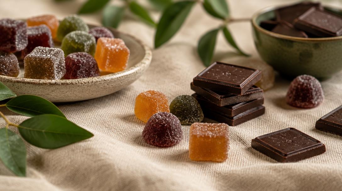 Assorted cannabis gummies and dark chocolate edibles like those on the Herbs 4 You Denver edibles menu